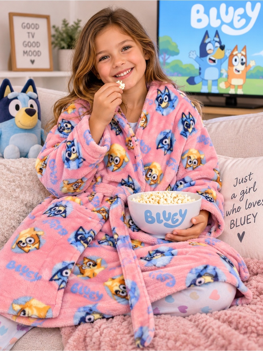 Bluey Kids Plush Robe in Pink - Cozy Cartoon Wrap